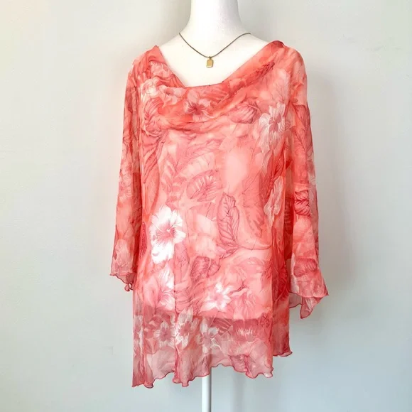 Vintage Picadilly Orange and Pink Floral Asymmetrical Sheer Blouse 3/4 Sleeves - Picture 2 of 15